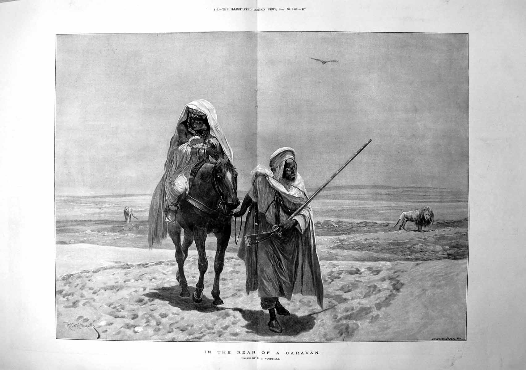 Antique Print In The Rear A Caravan Desert Travel Lions Rc Woodville 1893 19th