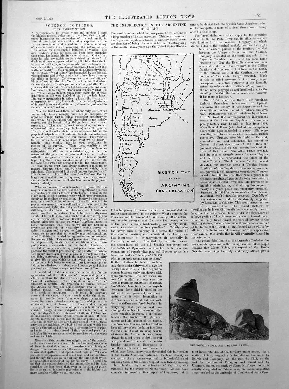Antique Old Print Argentina Map Moving Stone Insurrection Street Scenes 1893