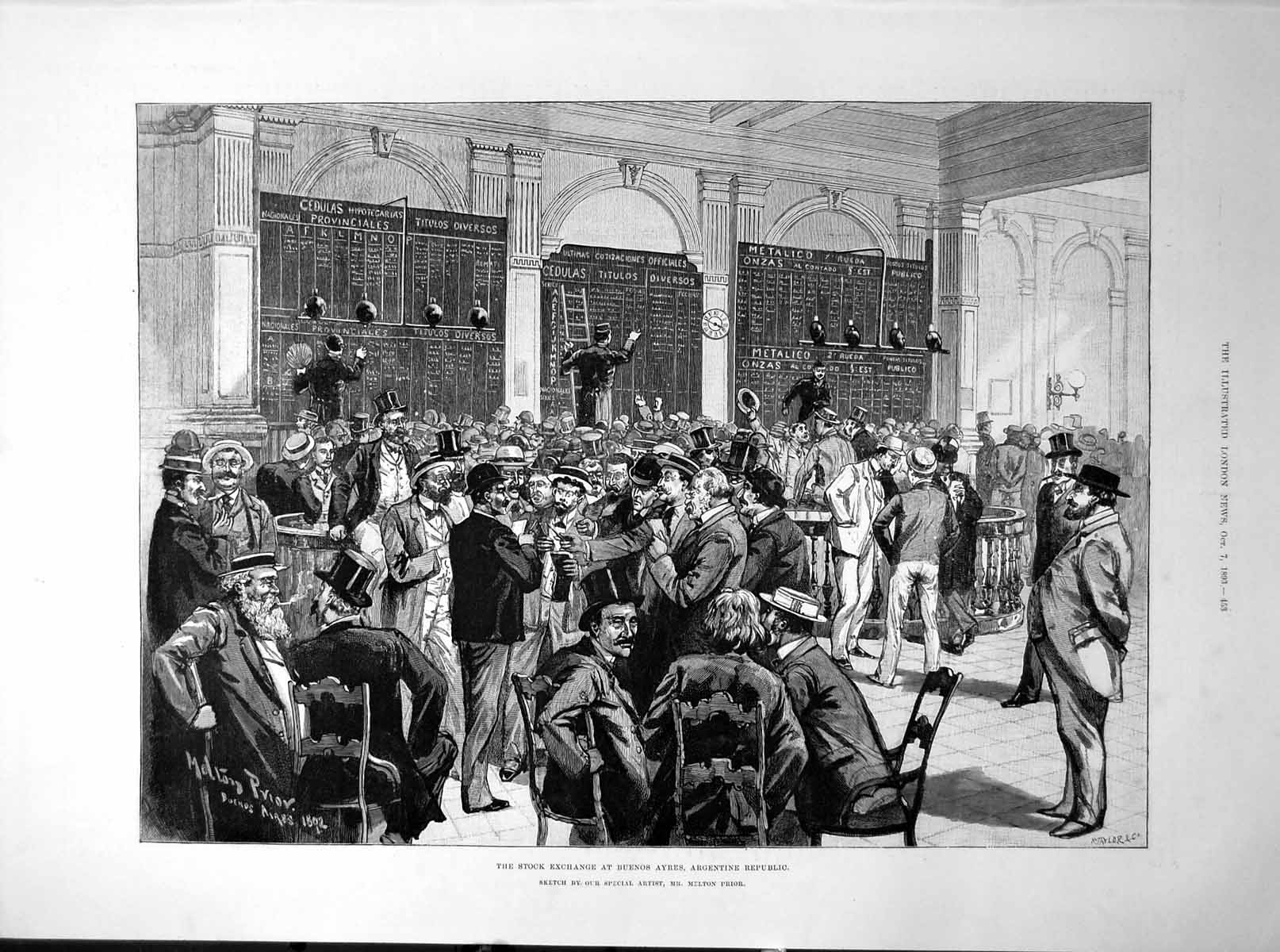 Original Old Antique Print Stock Exchange Buenos Aries Argentine Republic 1893