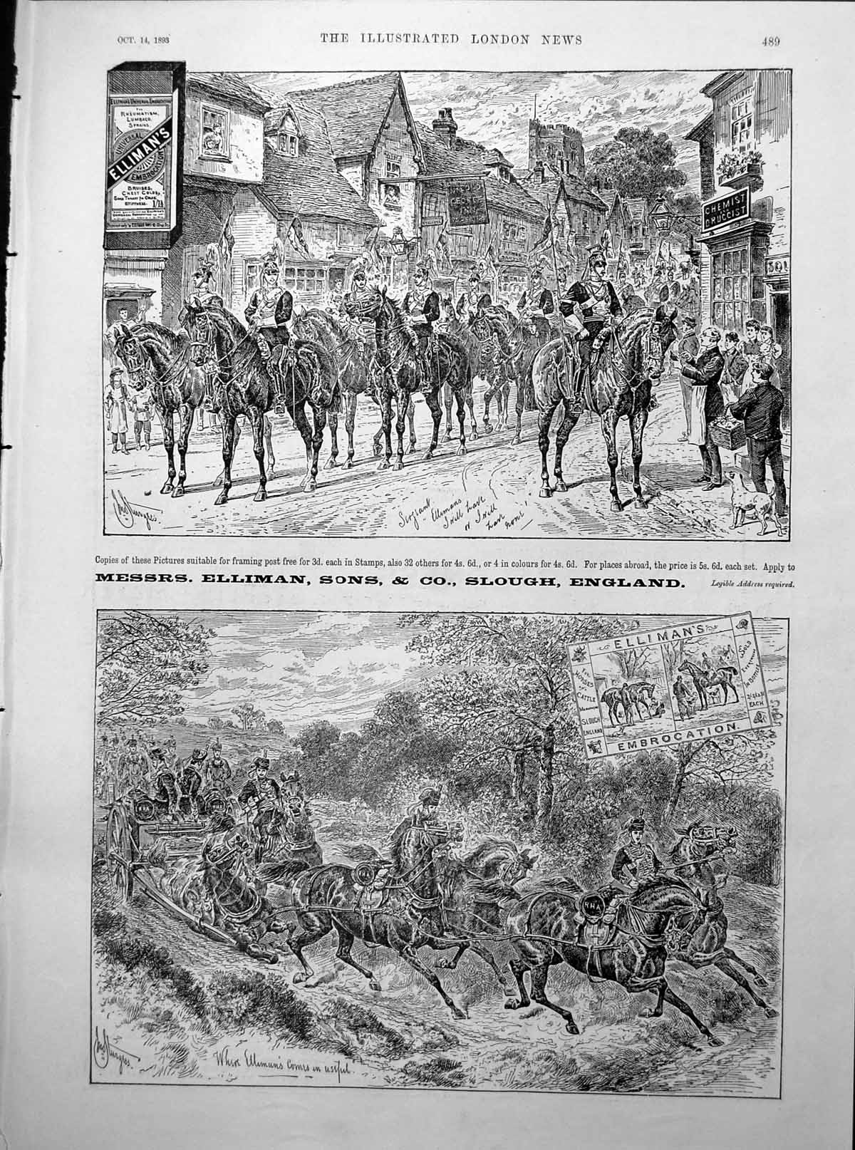 Antique Old Print Elliman'S Advert Siers Galloping Walking Through Town 1893