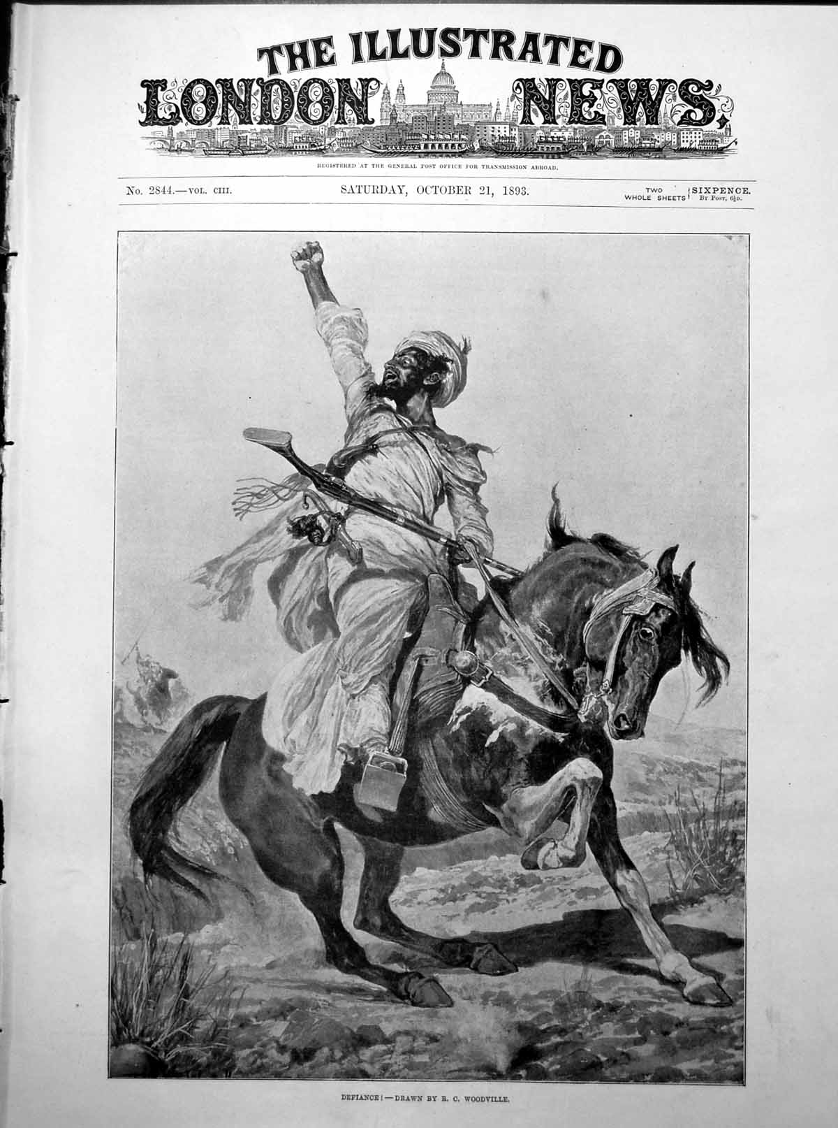 Antique Old Print Defiance Drawn Rc Woodville Escaping Troops Horseback 1893