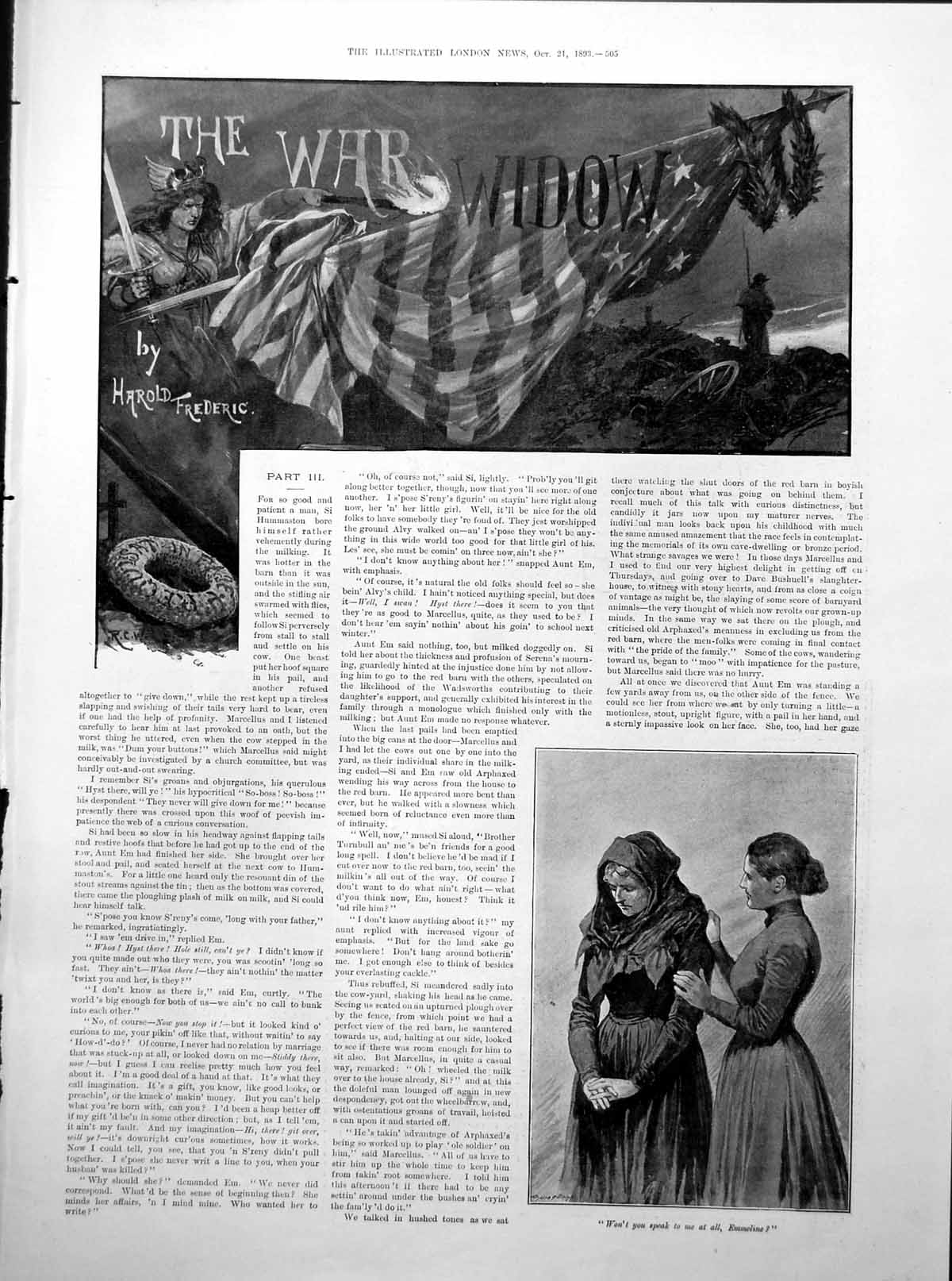 Antique Print War Widow Story Lady Comforting Woman Man Milking Cows 1893 19th