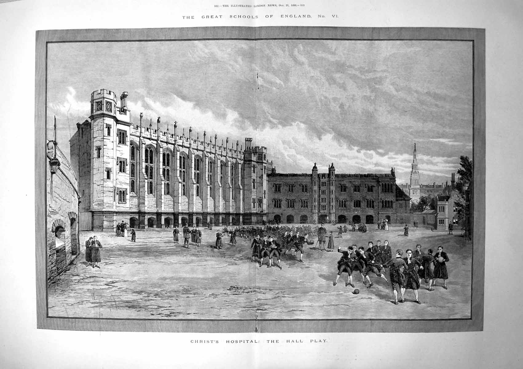 Old Antique Print Great Schools England Christ'S Hospital Hall Play 1893 19th