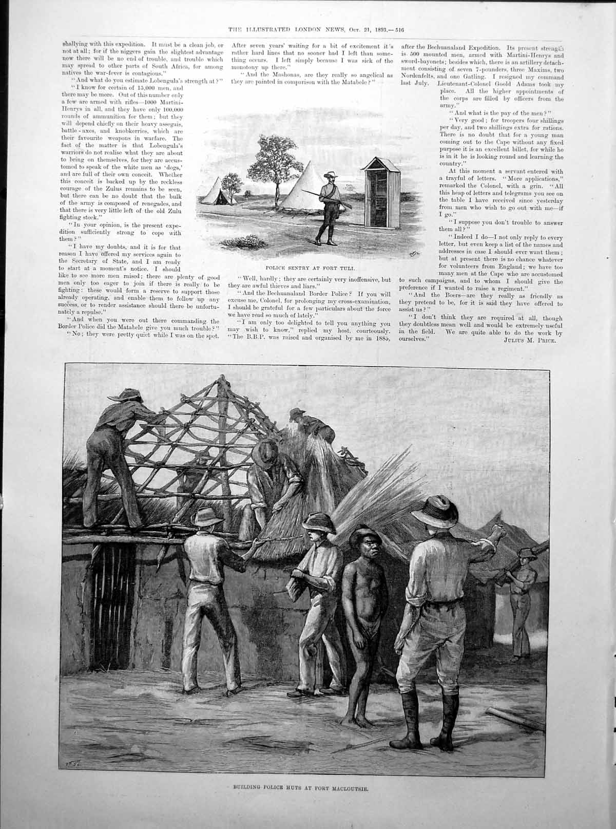 Antique Old Print Building Police Huts Fort Macloutsie South Africa Map 1893