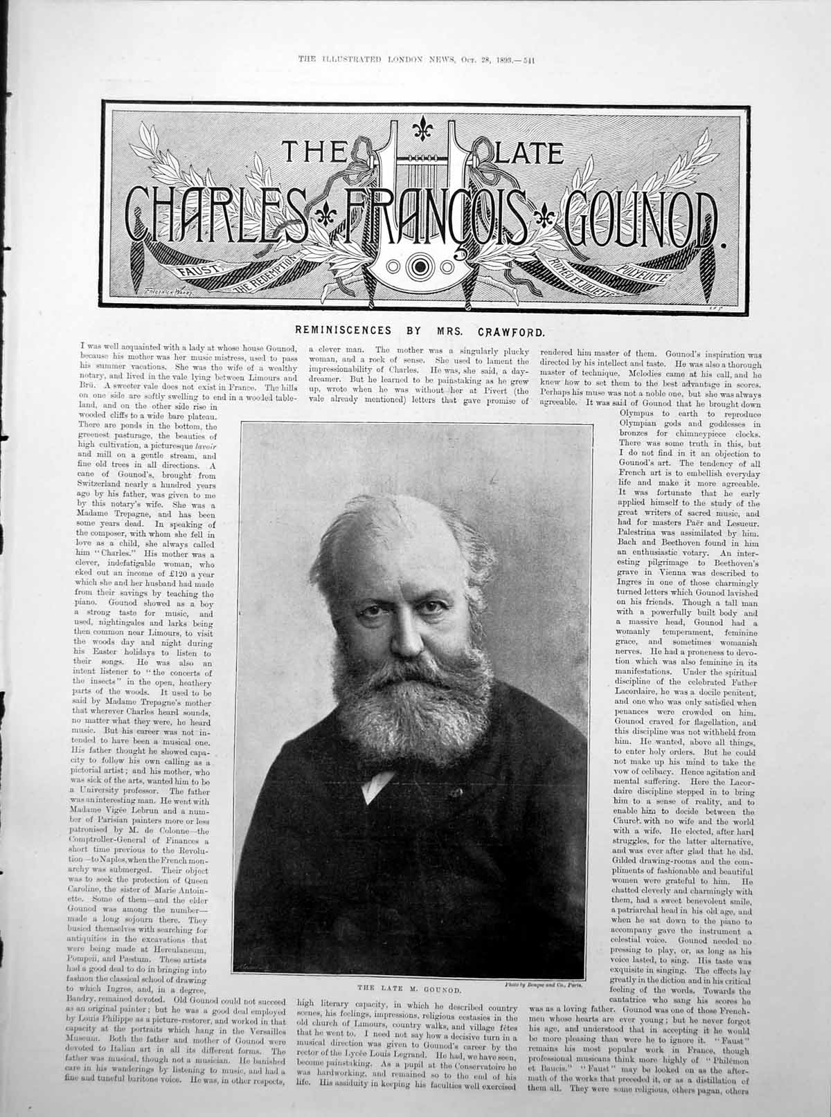 Antique Print Portrait M. Gounod Arrangement Choir Orchestra At Home 1893 19th