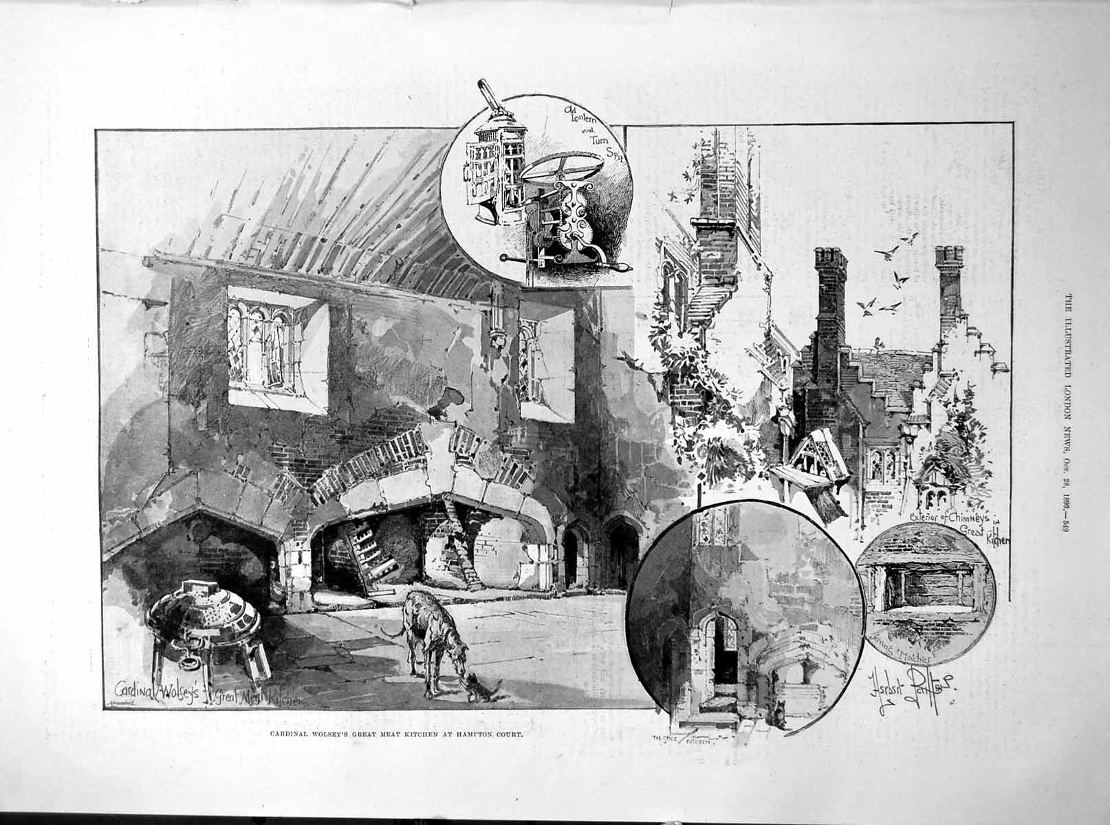 Antique Old Print Cardinal Wolsey'S Great Meat Kitchen At Hampton Court 1893