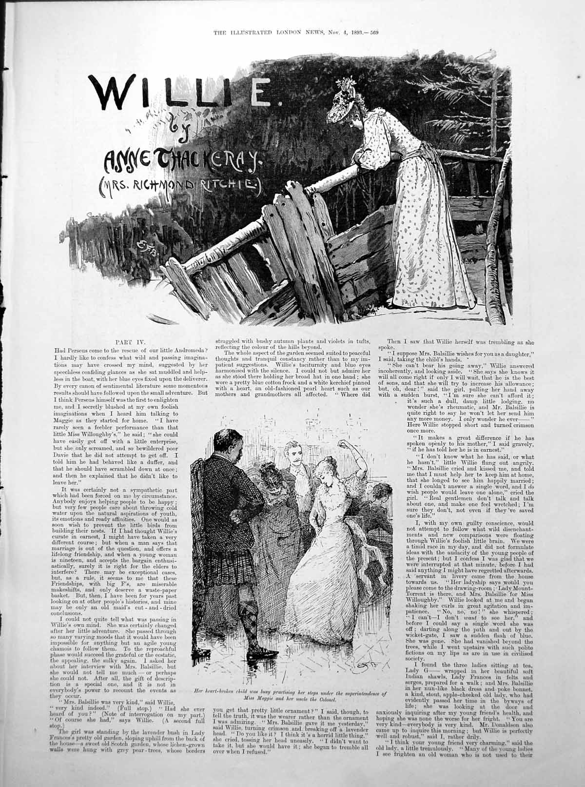 Antique Old Print Willie Lady Bridge Dancing Chaplain Elderly Lady Tea 1893
