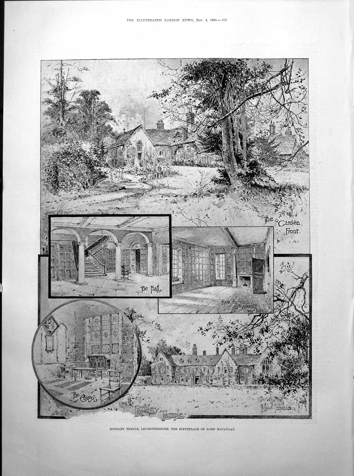 Antique Old Print Rothley Hall Leicestershire Birthplace Lord Macaulay 1893