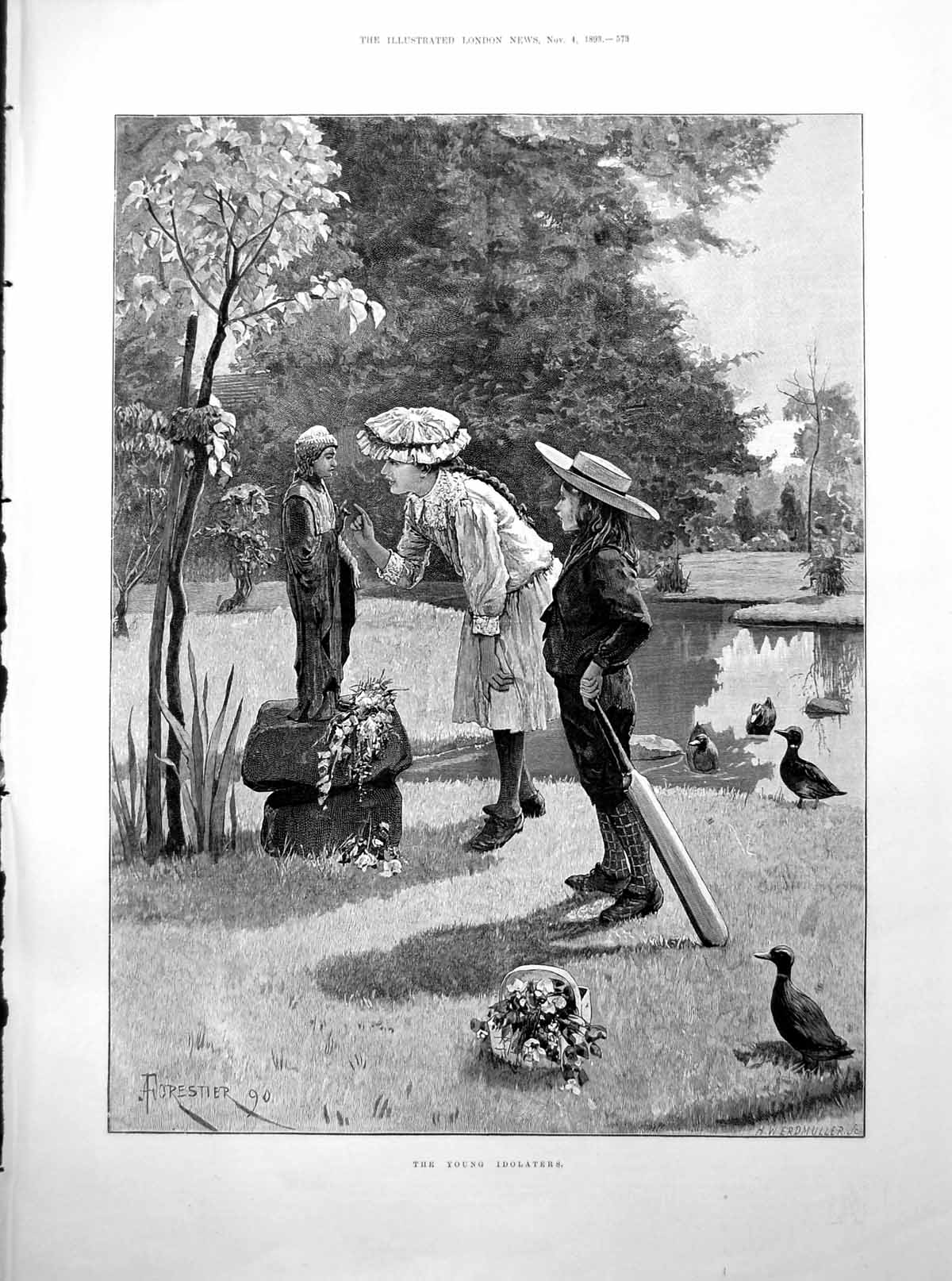 Old Print The Young Idolaters A Forestier Girl Flowers Garden Shrine 1893 19th