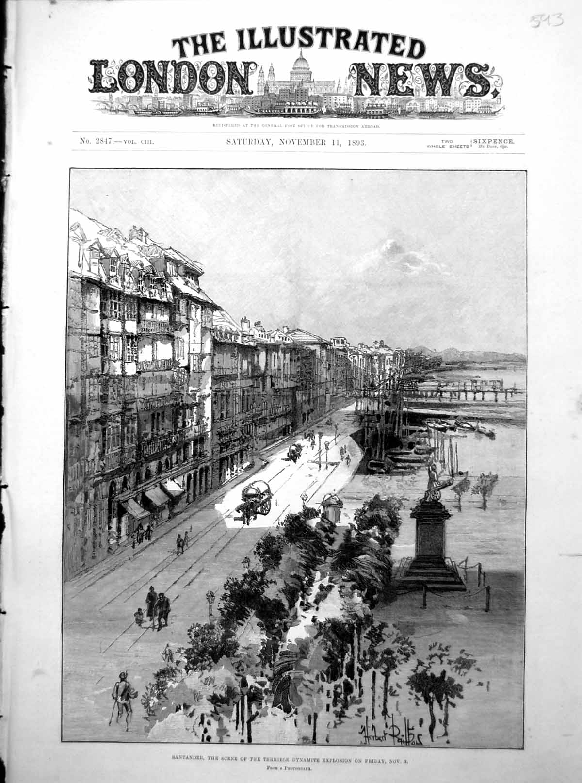 Antique Old Print Santander Scene Terrible Dynamite Explosion Sea Front 1893