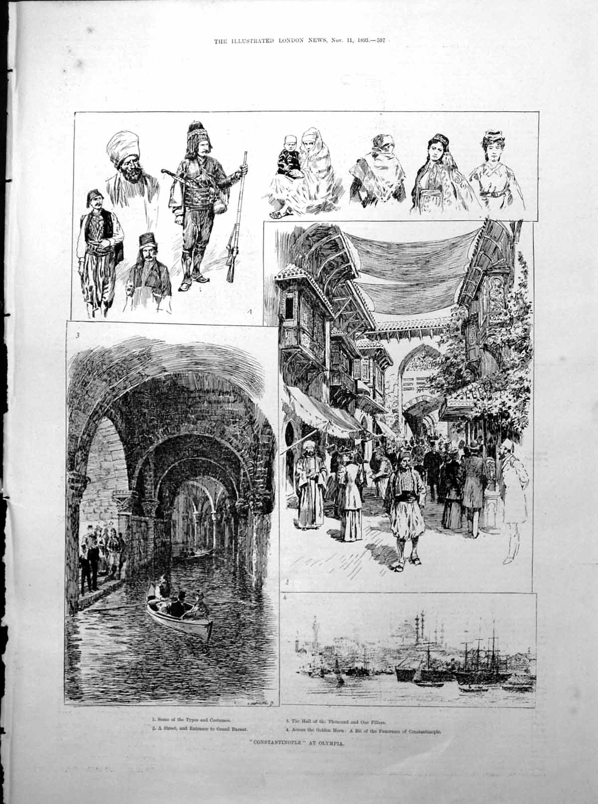 Antique Print Constantinople At Olympia People Costumes Bazaar Pillars 1893