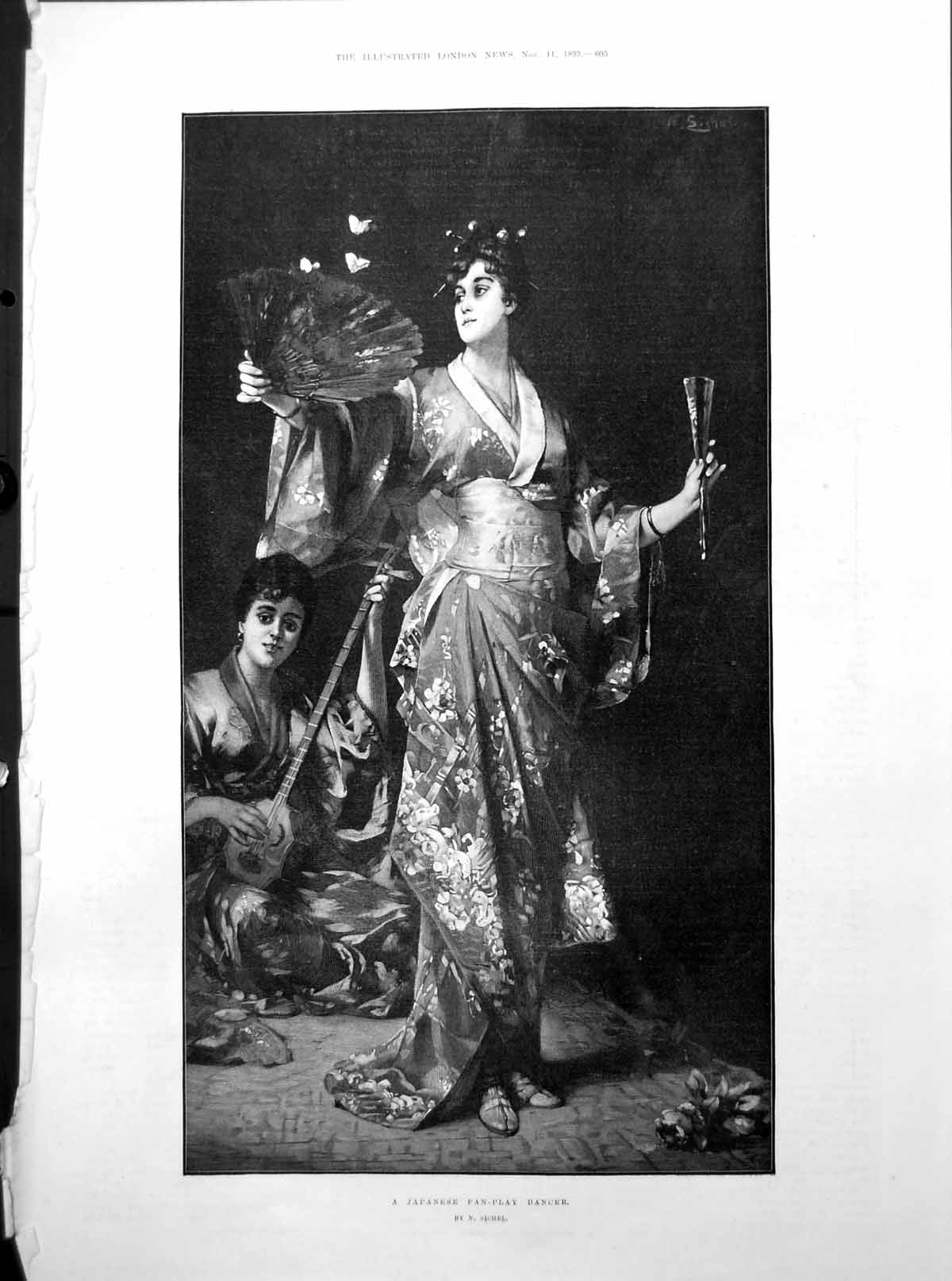 Old Japanese Fan-Play Dancer Musician Lord Mayor'S Day Furs Rags 1893 19th