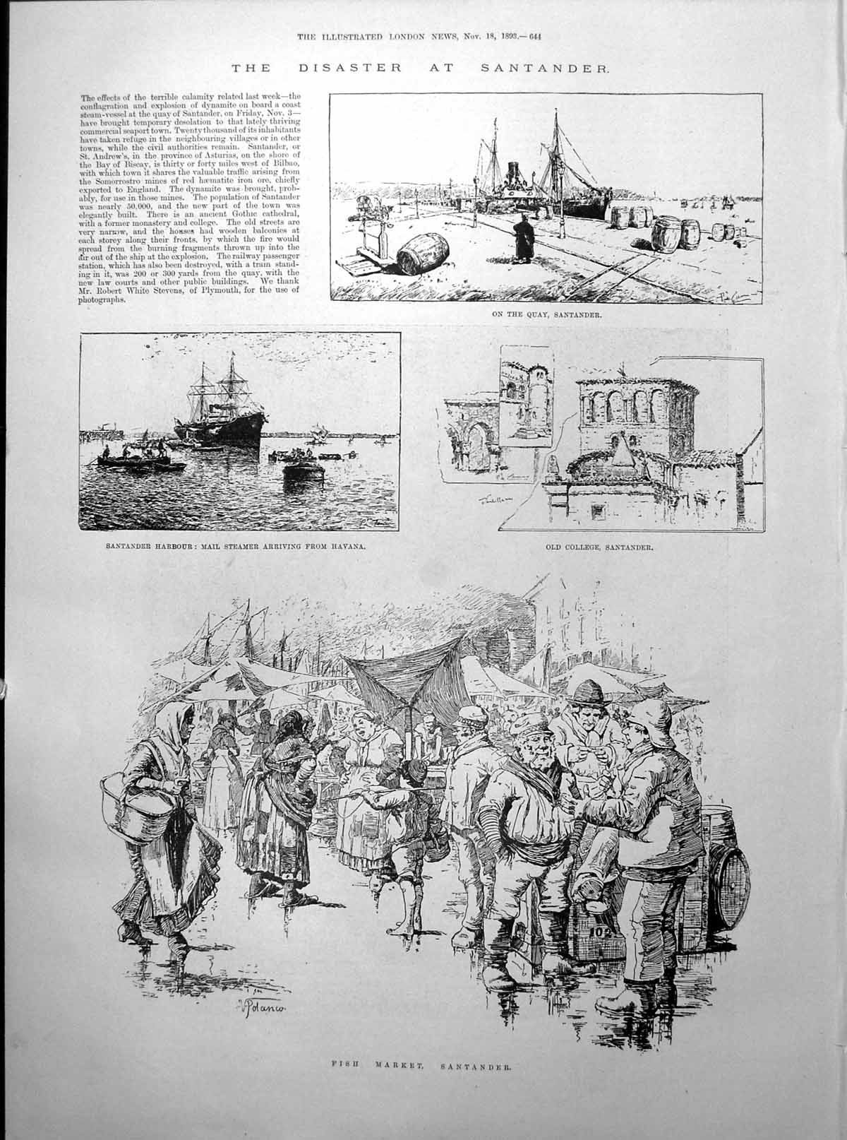 Antique Print Santander Fish Market Harbour Quay Little Lamb Children 1893