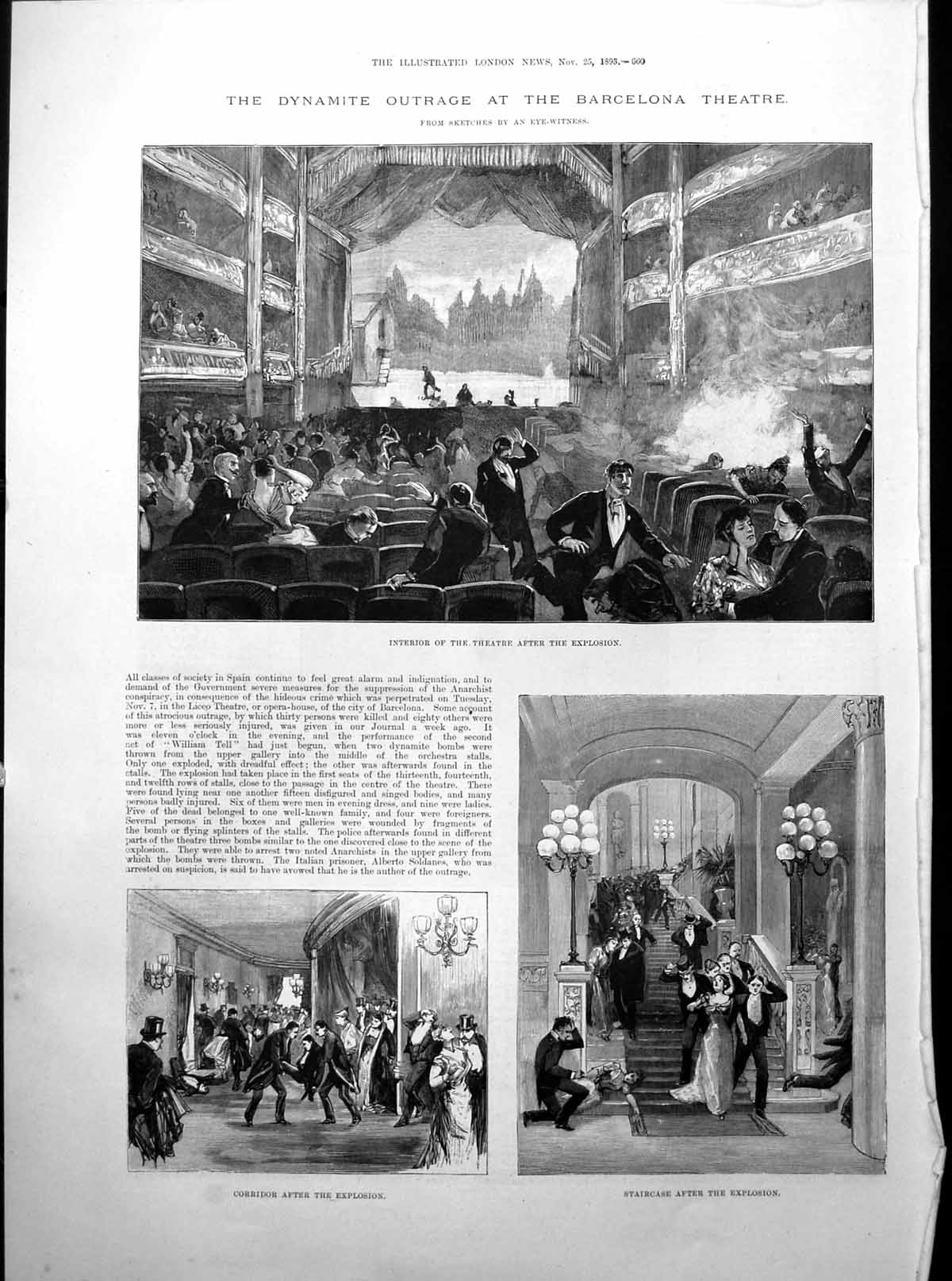 Antique Old Print Explosion Barcelona Theatre Late Sir Robert Morier 1893 19th