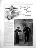 Antique Print Country Lass Leaning Fence Lady Gentleman Interior House 1893