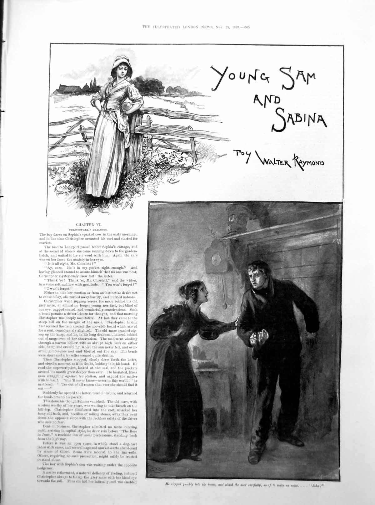 Antique Print Country Lass Leaning Fence Lady Gentleman Interior House 1893