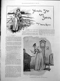 Antique Print Country Lass Fence Lady Writing Table Grandfather Clock 1893 19th