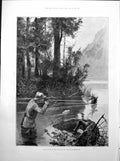 Old Print Deer Hunting In Forest Adirondack Mountains Swimming Lake 1893 19th