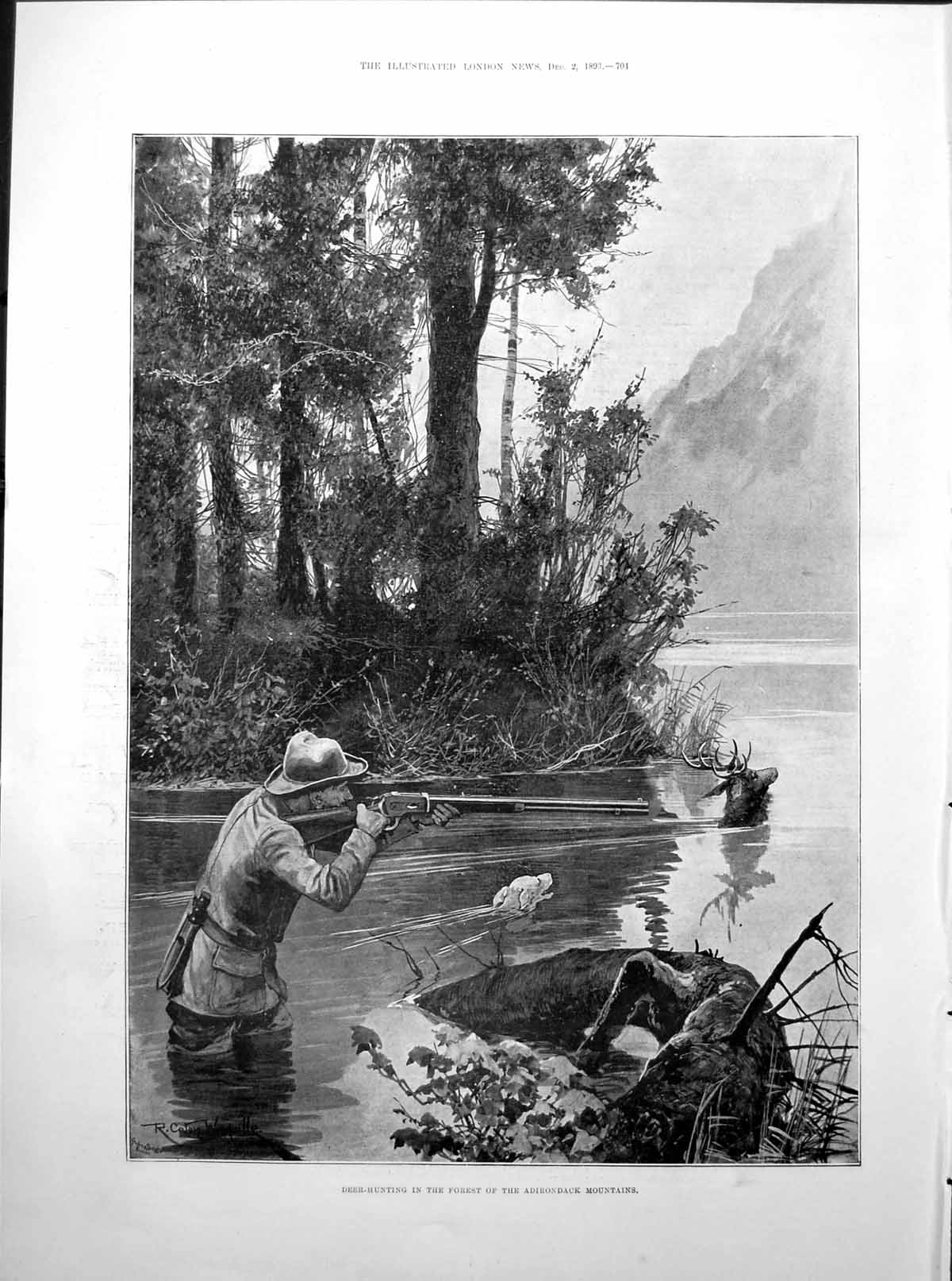 Old Print Deer Hunting In Forest Adirondack Mountains Swimming Lake 1893 19th