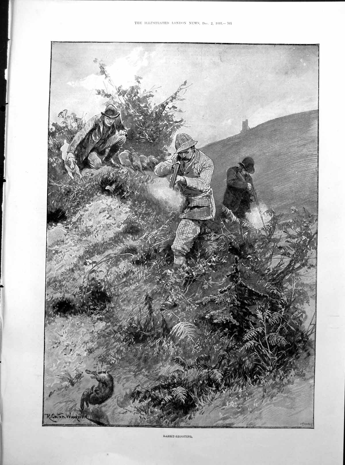 Antique Old Print Rabbit Shooting R Caton Woodville Bust Lord Tennyson 1893