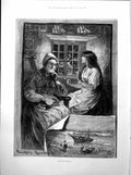 Old Print Night And Morning Davidson Knowles Elderly Lady Storm Boat 1893 19th