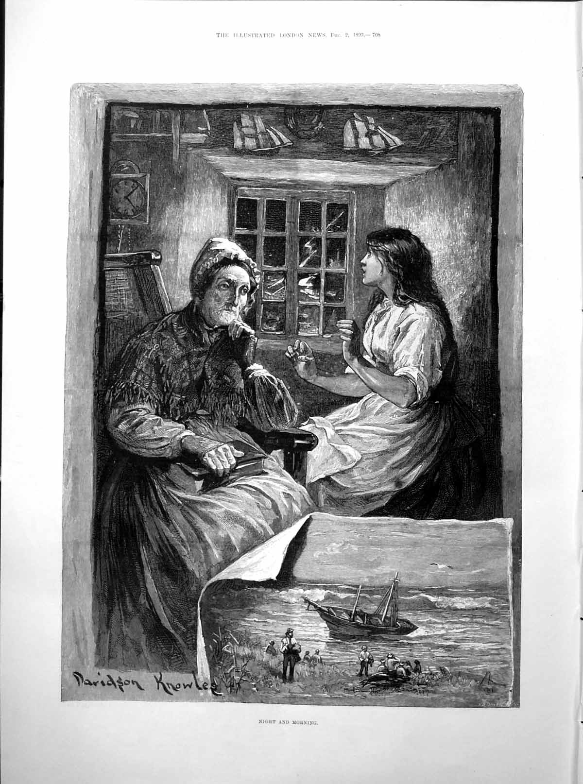 Old Print Night And Morning Davidson Knowles Elderly Lady Storm Boat 1893 19th