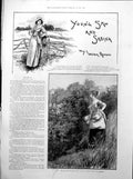 Antique Old Print Country Lass Fence Lady Watching Man Hunting Bushes 1893 19th