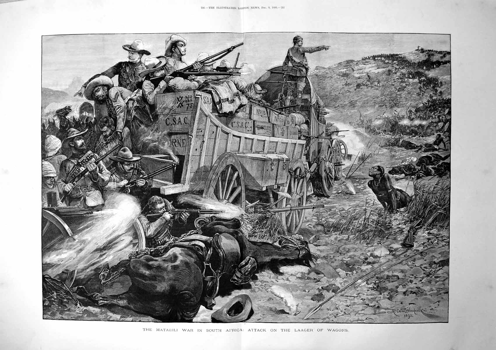 Antique Old Print Matabele War In South Africa Attack On Laager Wagons 1893