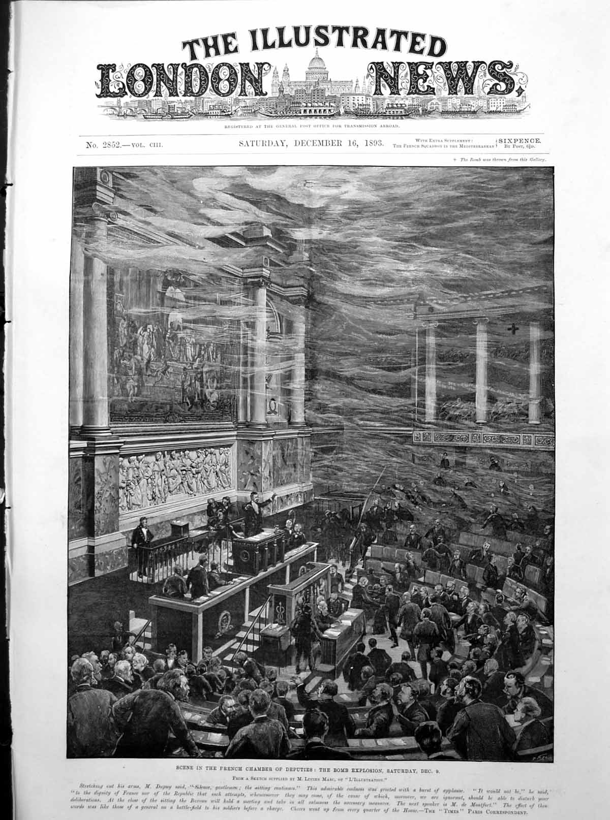 Antique Old Print Scene French Chamber Deputies After Explosion Smoke 1893 19th