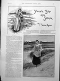 Old Antique Print Country Lass Fence Walking By River Along Tow-Path 1893 19th