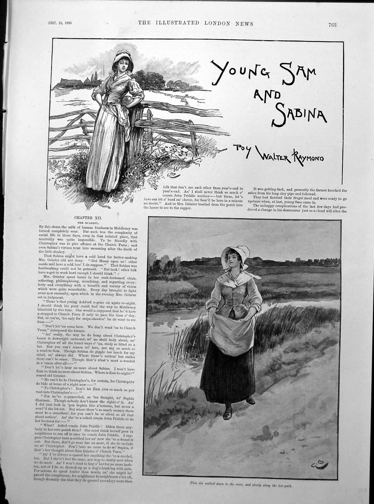 Old Antique Print Country Lass Fence Walking By River Along Tow-Path 1893 19th