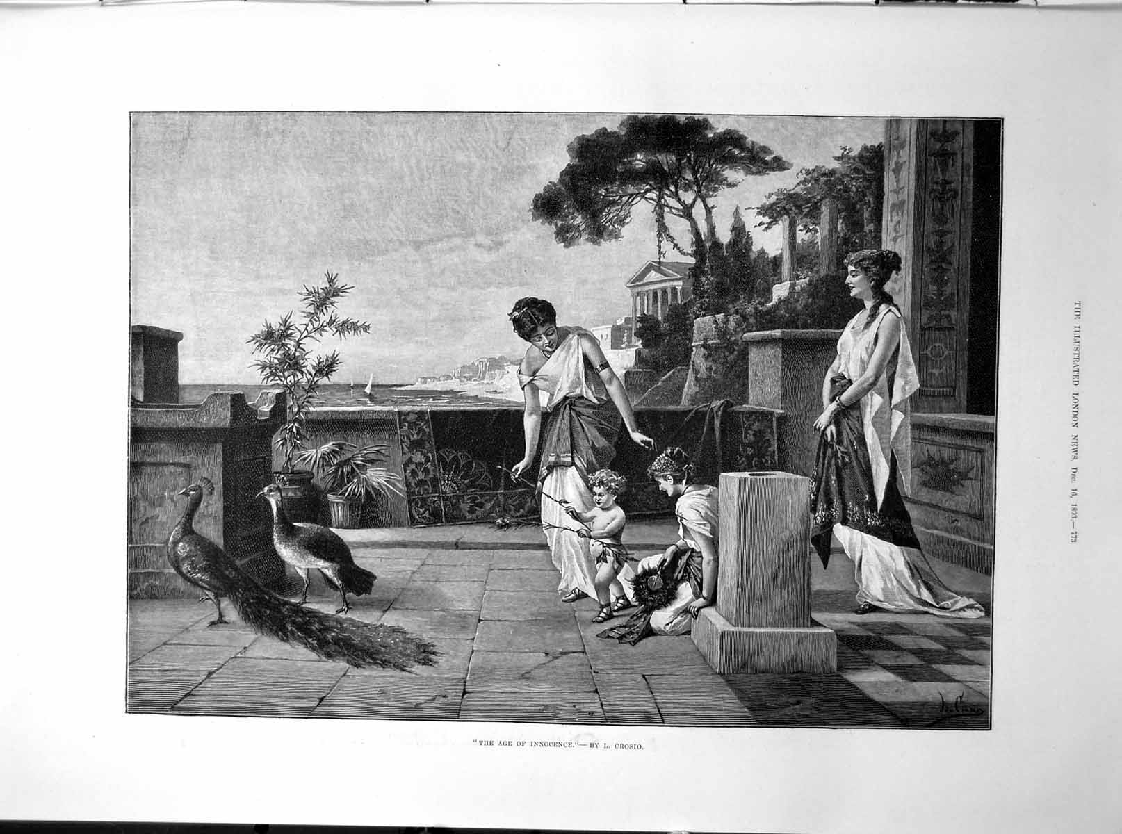 Old Antique Print The Age Innocence L Crosio Toddler Peacocks Ladies 1893 19th