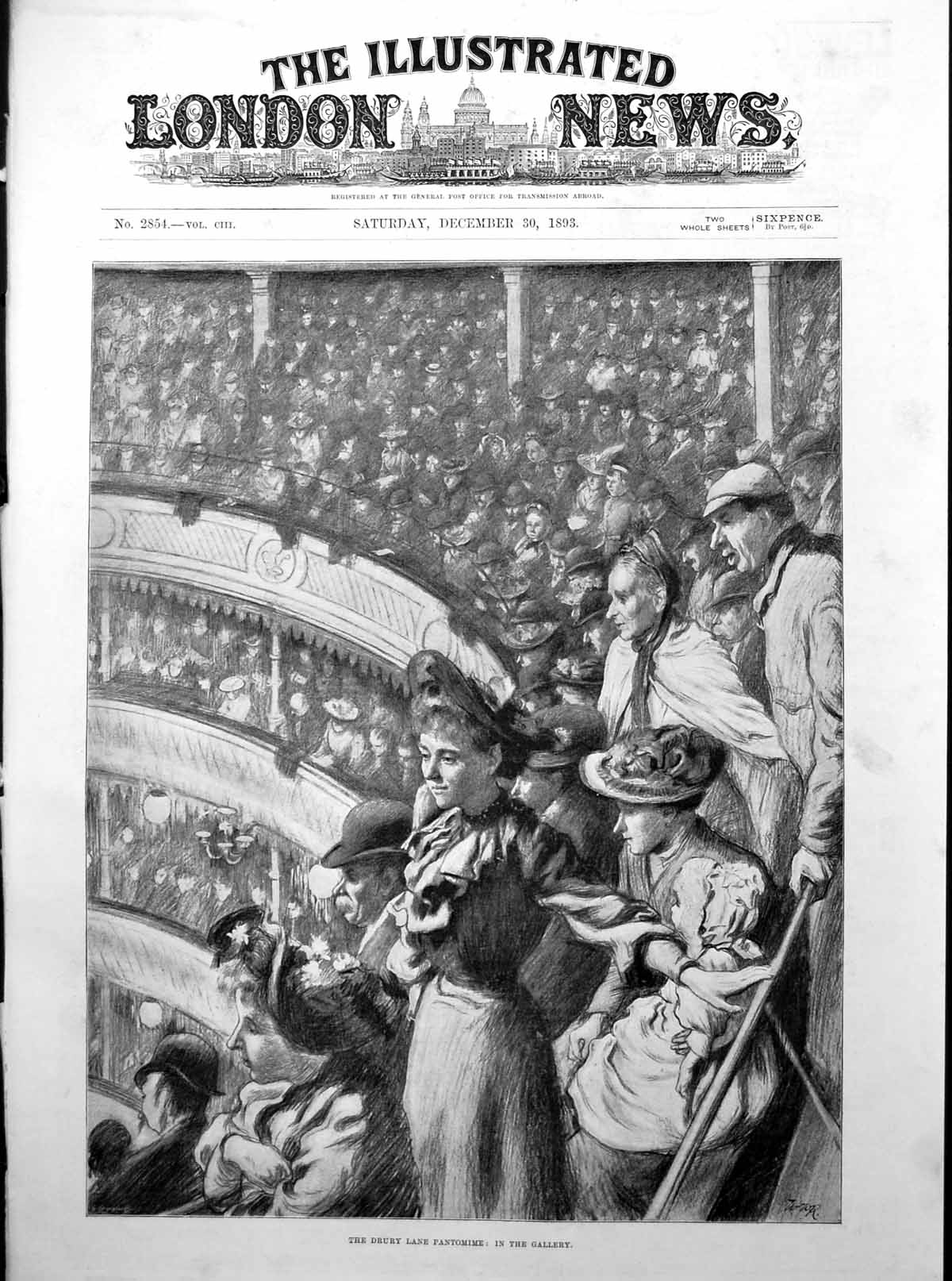 Antique Old Print In The Gallery At The Drury Land Pantomime Audience 1893 19th