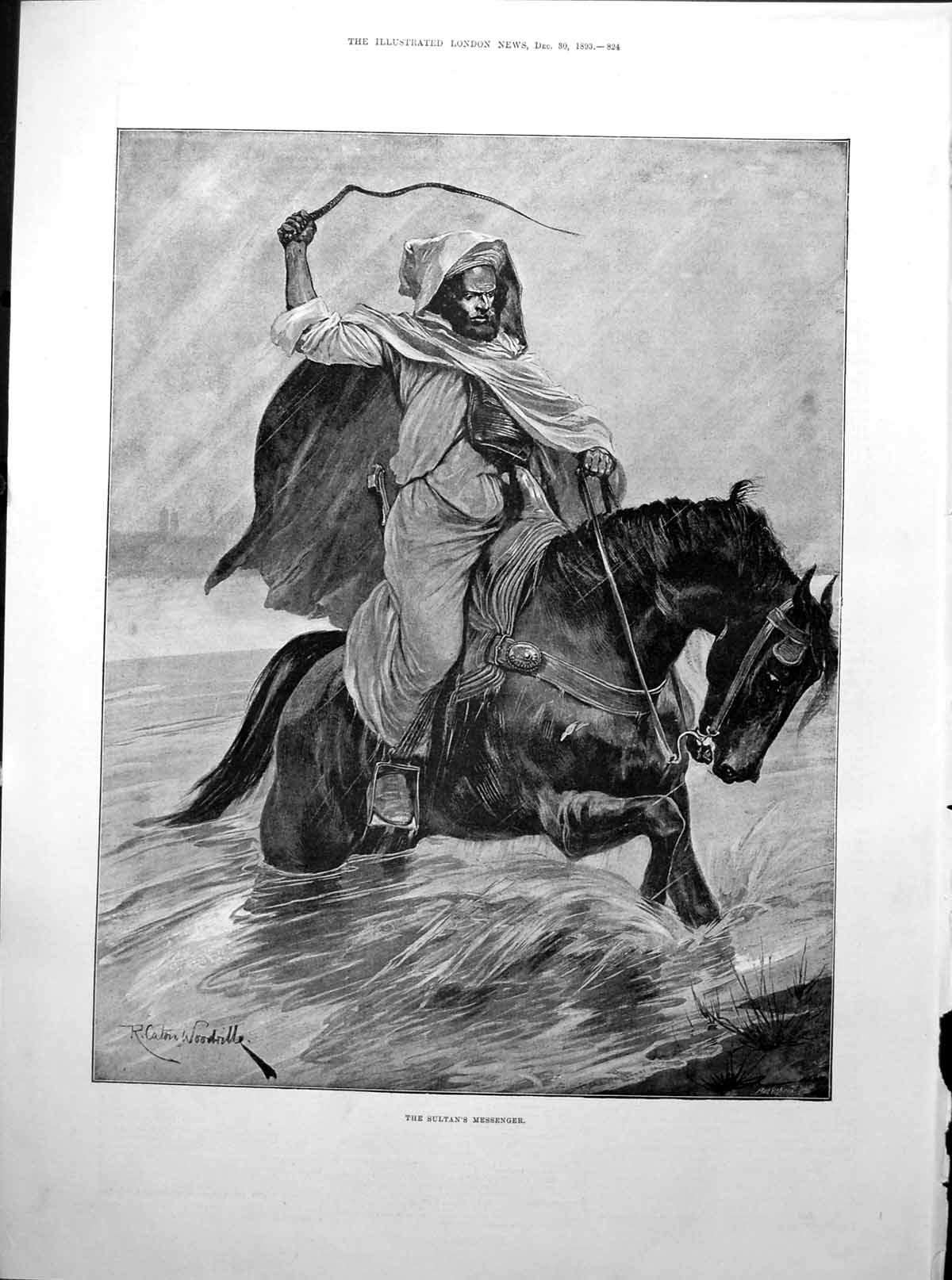 Antique Old Print R Caton Woodville The Sultan'S Messenger Man Horseback 1893