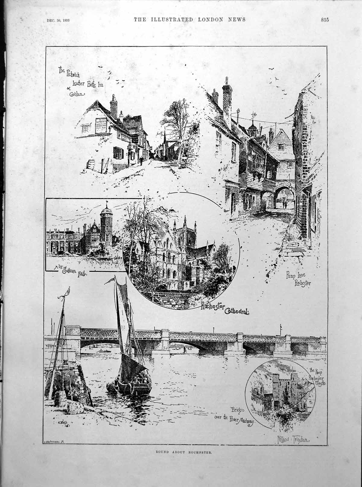 Antique Print Around Rochester Pickwick Leather Bottle Inn Cobham Hall 1893