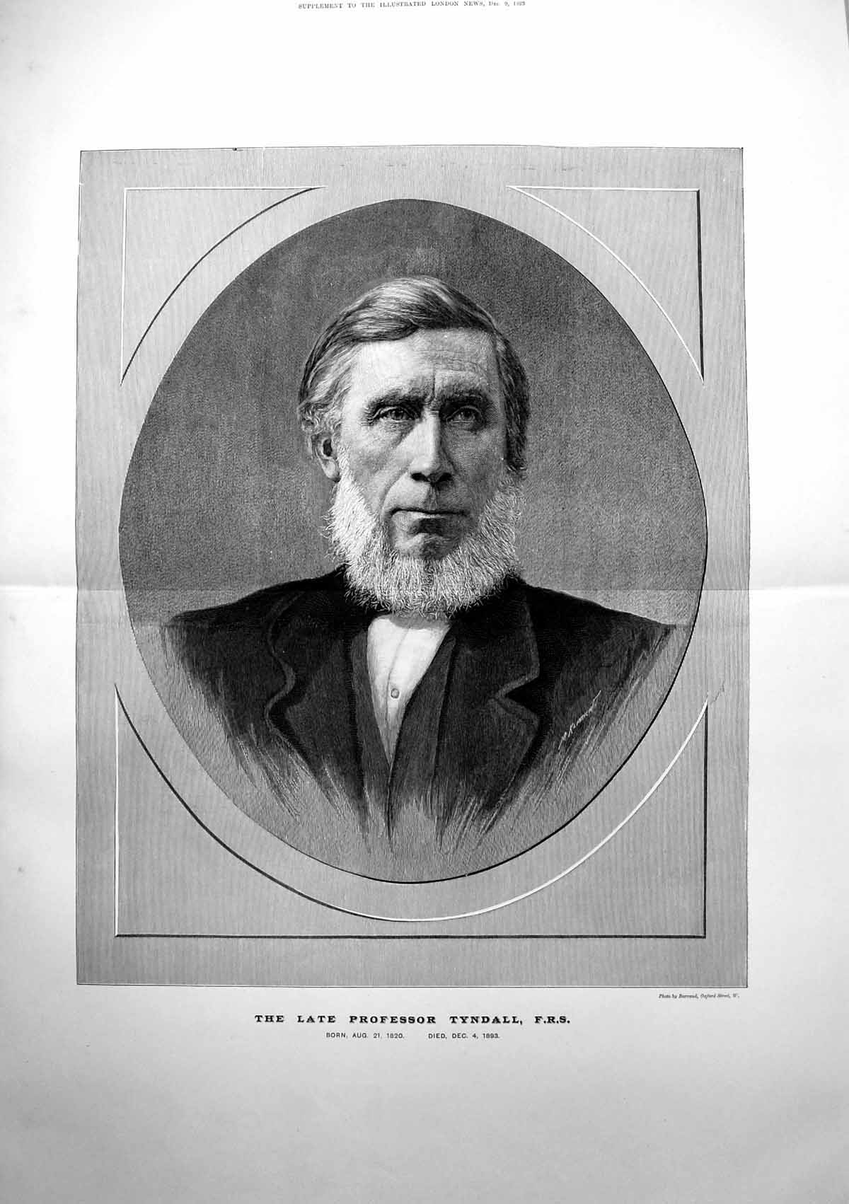 Original Old Antique Print The Late Professor Tyndall Frs Portrait 1893 19th