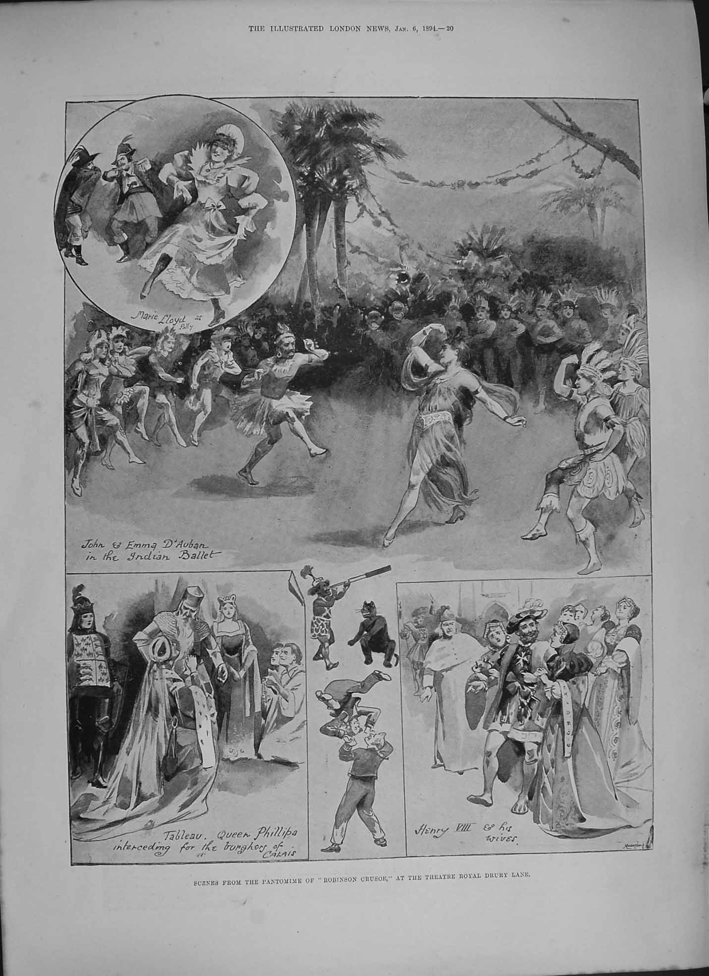 Old Antique Print 1894 Pantomime Robinson Crusoe Drury Theatre Windlebury 19th