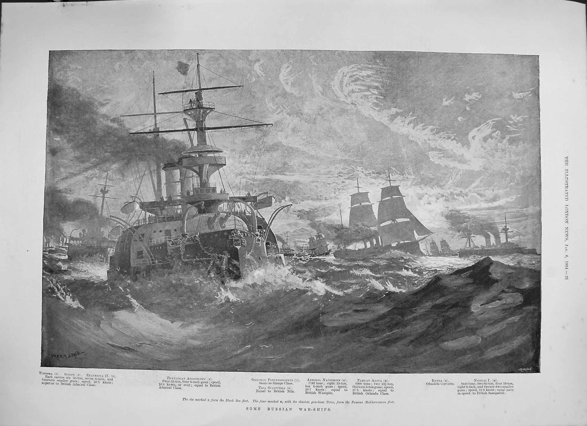 Original Old Antique Print 1894 Russian War Ships Nachimoff Azovz Rynda Nicolai
