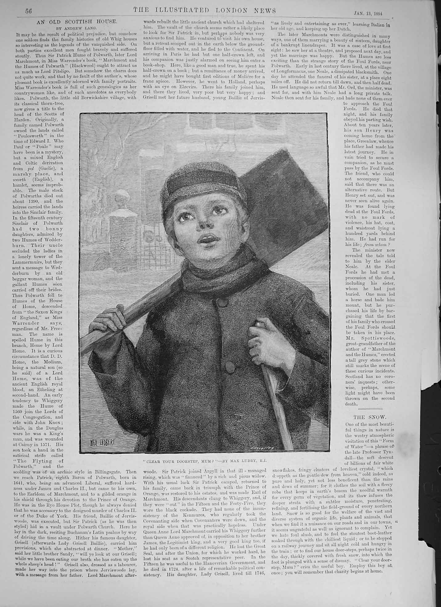Original Old Antique Print 1894 Scottish House Young Boy Spade Snow Scene 19th