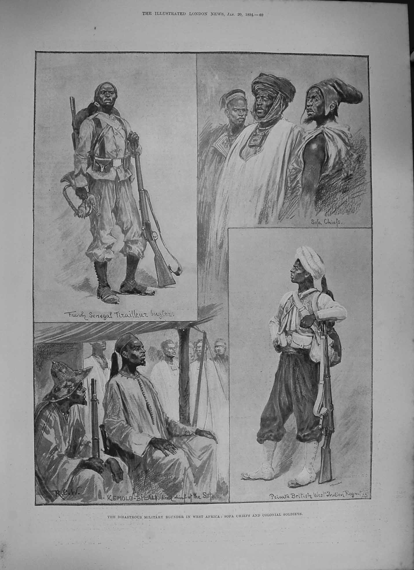 Original Old Antique Print 1894 Sofa Chiefs Colonial Siers Africa War French