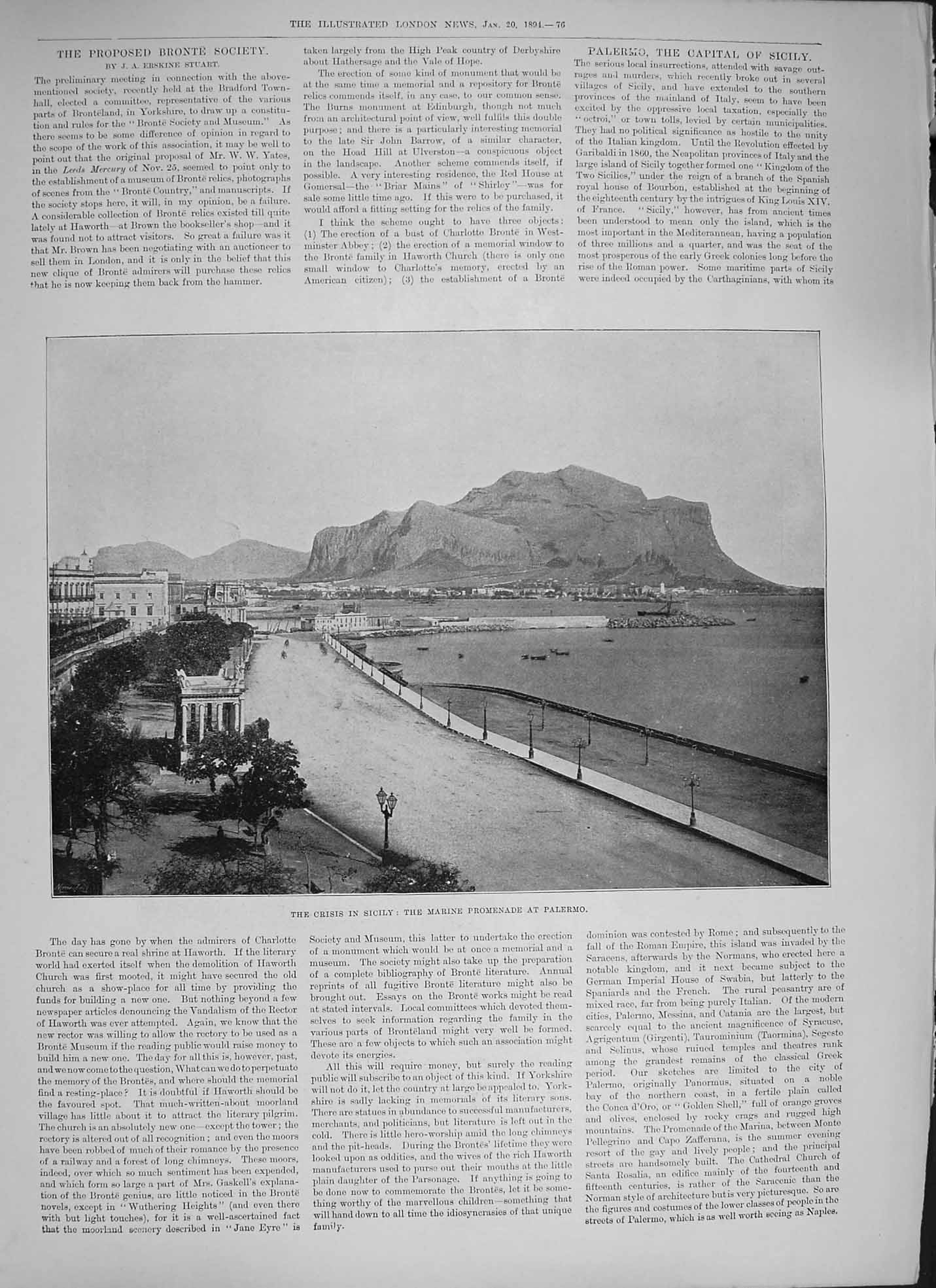 Original Old Antique Print 1894 View Marine Promenade Palmero Sicily Italy 19th