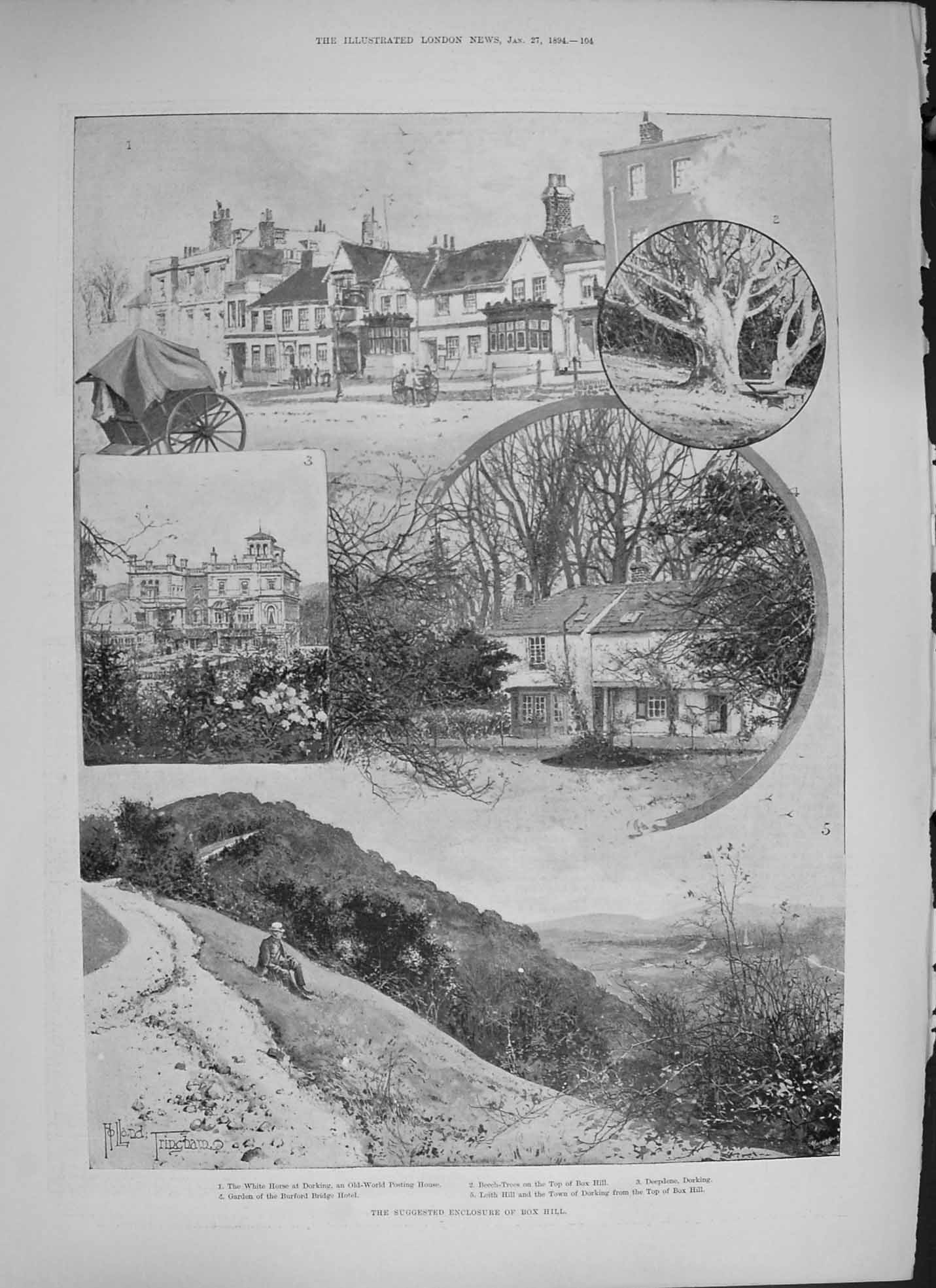 Old Antique Print 1894 Box Hill White Horse Dorking Burford Bridge Hotel 19th