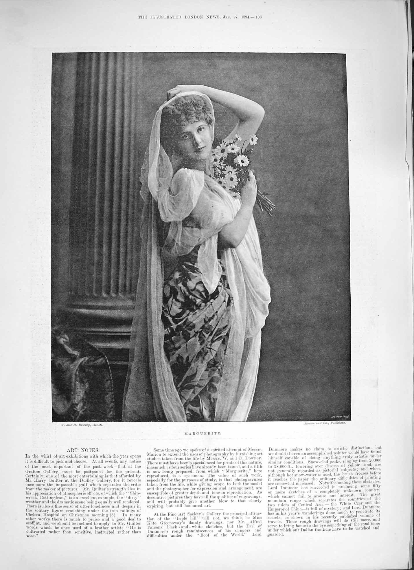 Original Old Antique Print Downey 1894 Portrait Marguerite Lady Flowers 19th
