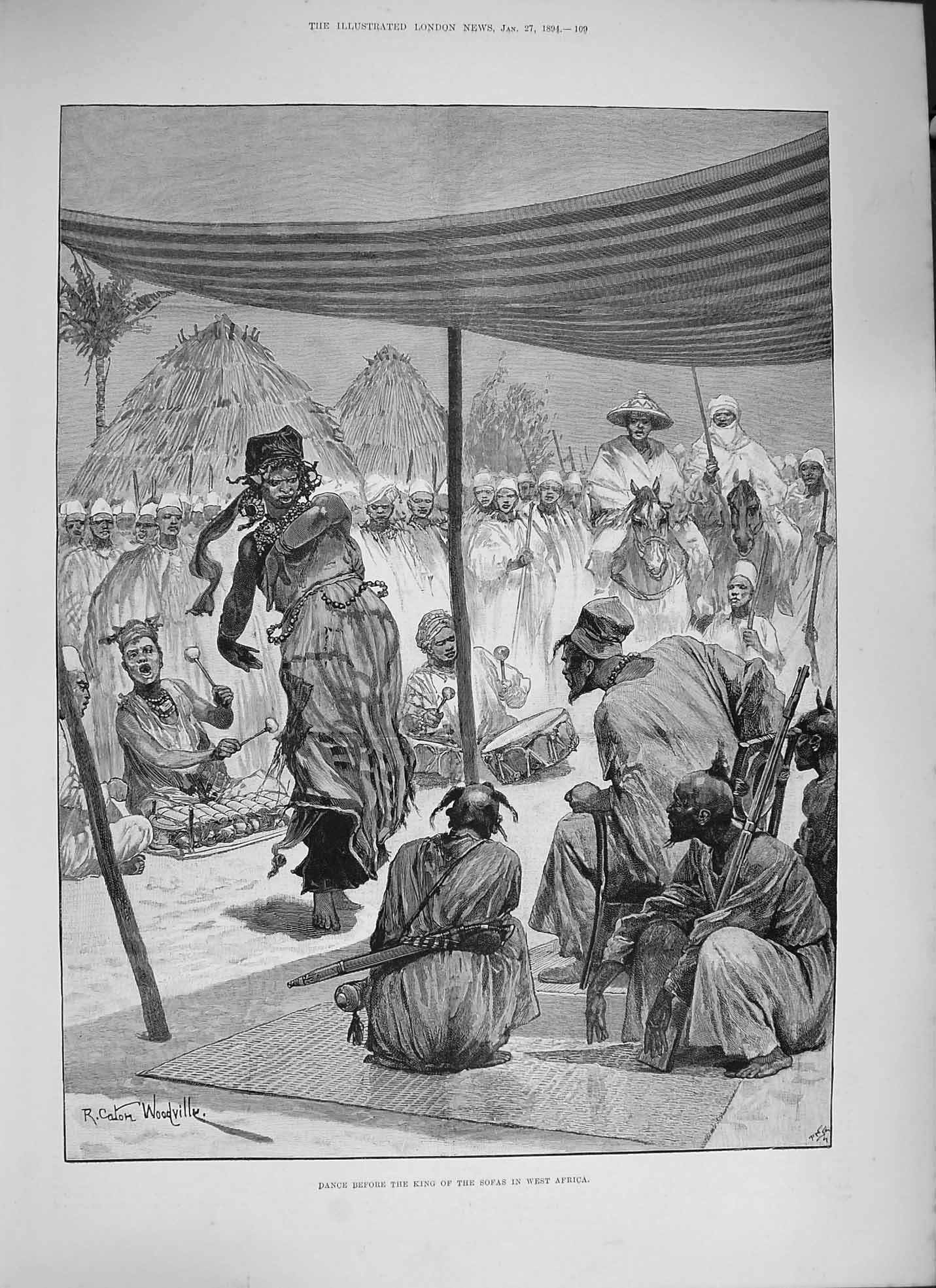 Original Old Antique Print 1894 Dance Before King Sofas West Africa Woodville