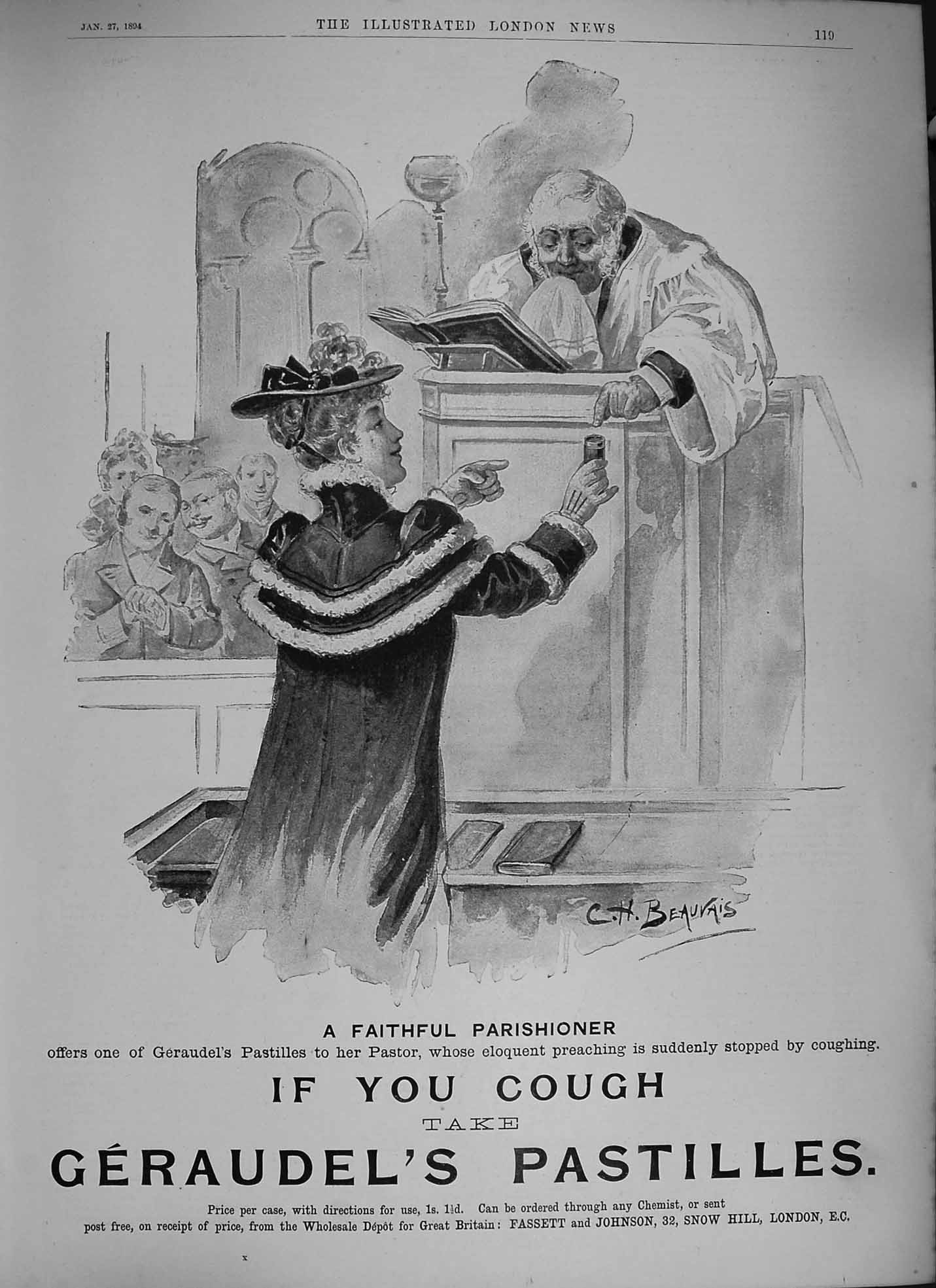 Old Antique Print 1894 Advertisement Geraudel'S Pastilles Fassett Johnson 19th