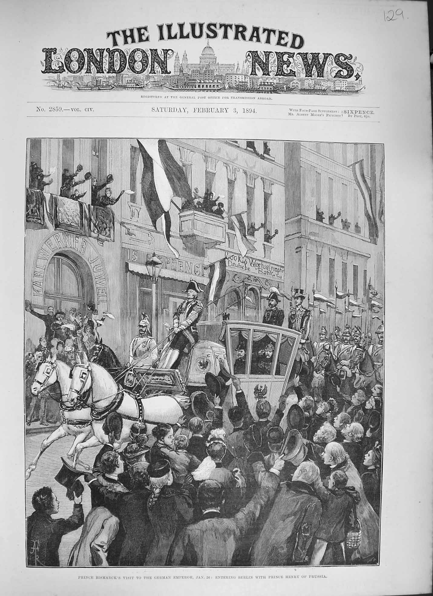 Original Old Antique Print 1894 Prince Bismarck German Emperor Henry Prussia