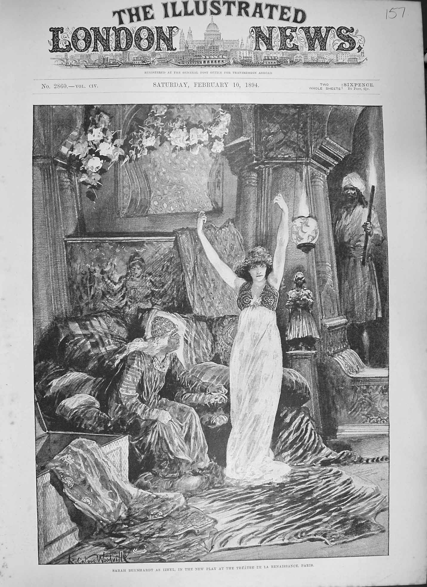 Original Old Antique Print 1894 Sarah Bernhardt Izeyl Theatre Renaissance Paris
