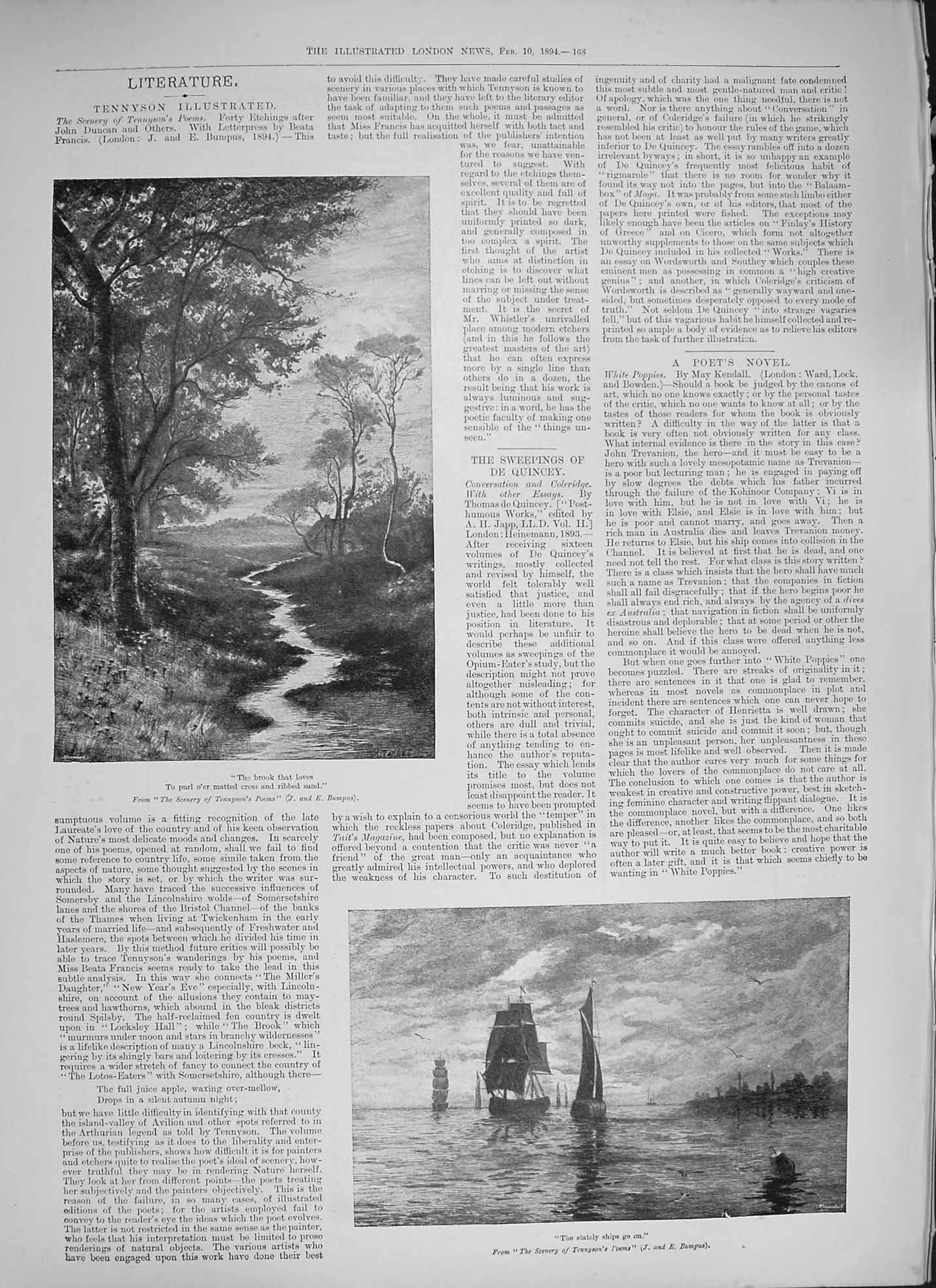 Original Old Antique Print 1894 Tennyson Illustrations Brook Trees Ships Sea