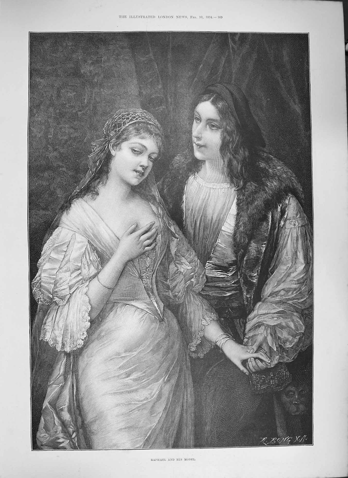 Original Old Antique Print 1894 Portrait Raphael Model Man Lady Romance 19th