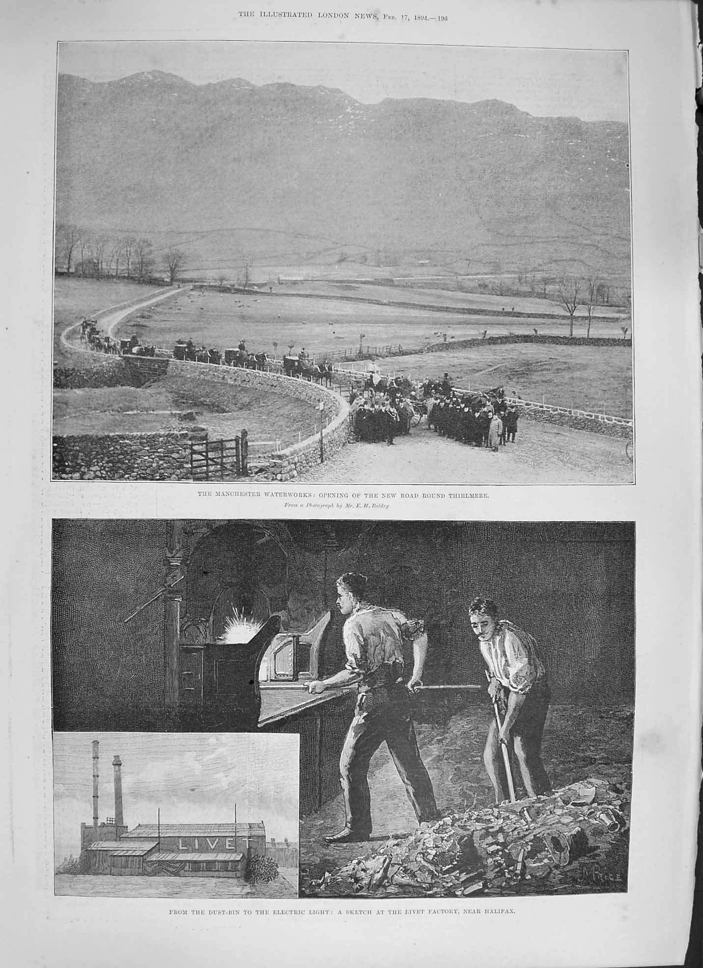Original Old Antique Print 1894 Manchester Waterworks Livet Factory Halifax